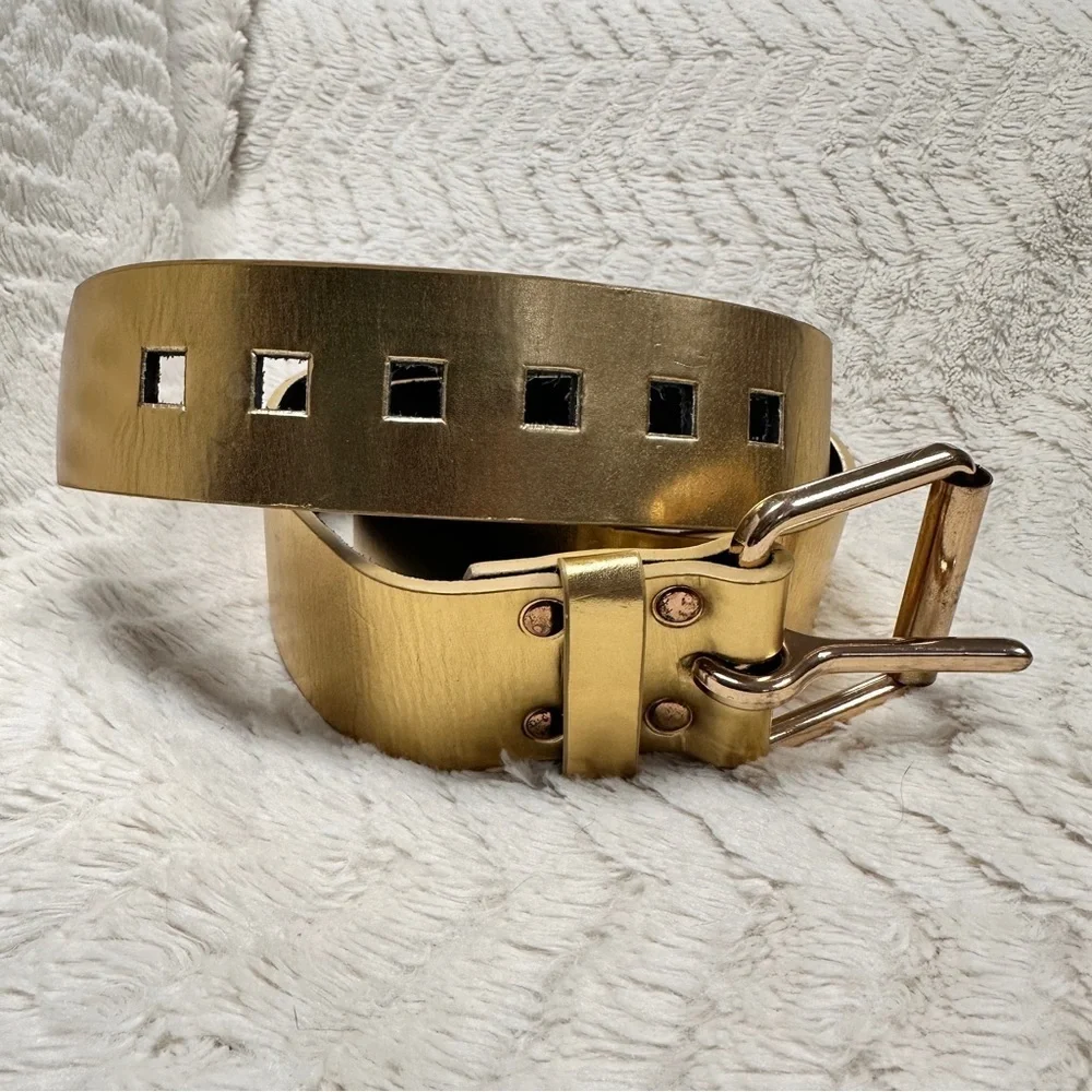 Gary Majdell Gold Color Genuine Leather Belt, Square Holes, 39
